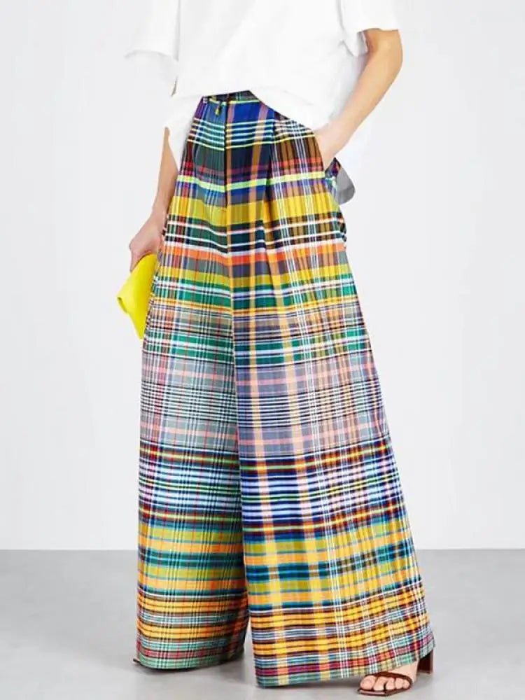 Vintage Plaid Wide-Leg Pants Comfortable Denim Leggings