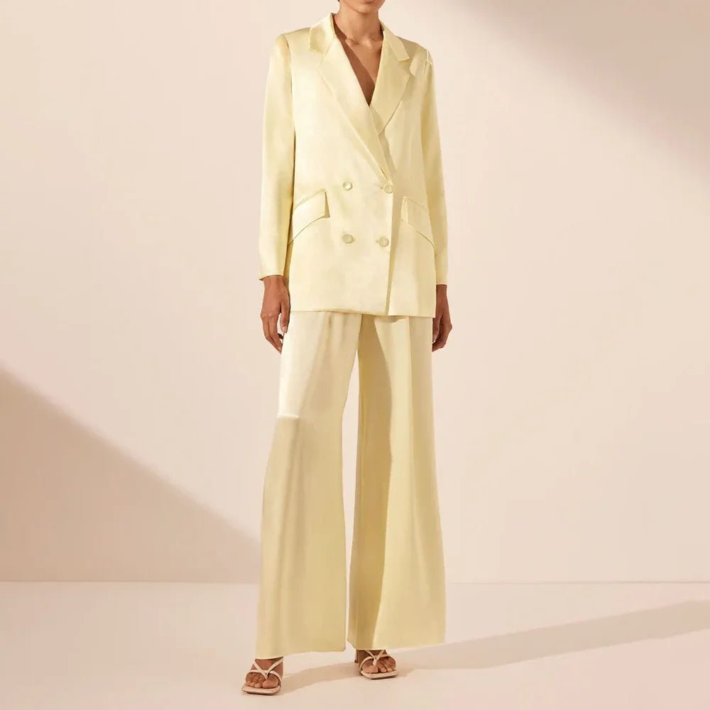 Chic Yellow Satin Pants Suit for Women Relaxed Casual Leggings