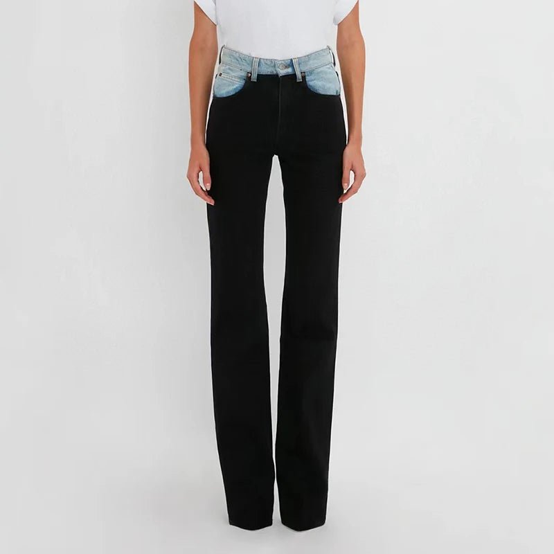 Color Block Denim Pants for Women Stylish Paperbag Waist Pants