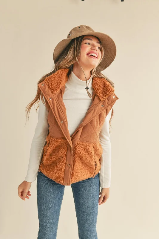 Copper Brown Mixed Media Hooded Vest Hoodie with Frayed Bohemian Relaxed