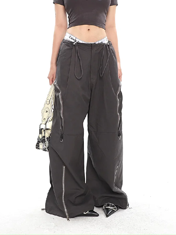 Feria Solid Color Multi-Zipper Straight Wide Leg High Waist Cargo Pants Chic Black Leggings Feria Solid Color Multi-Zipper Straight Wide Leg High Waist Cargo Pants Chic Black Leggings