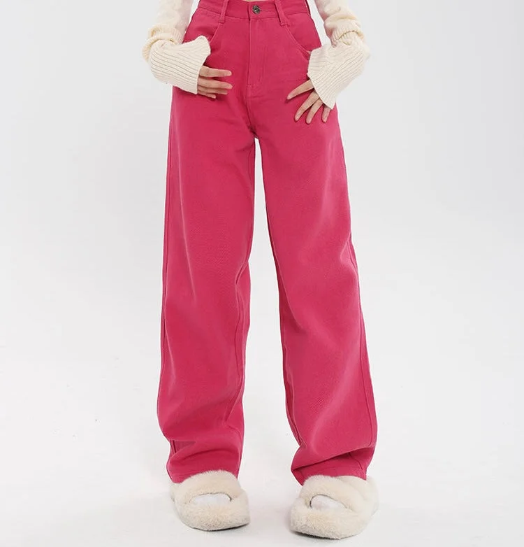 Ferra Rose Pink High Waist Straight Leg Denim Pants Casual Skinny Fit Pants