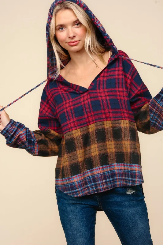 Haptics Plaid Edge Cut Detail Hooded Top Hoodie with Hem Elastic Stretchable Comfortable Haptics Plaid Edge Cut Detail Hooded Top Hoodie with Hem Elastic Stretchable Comfortable