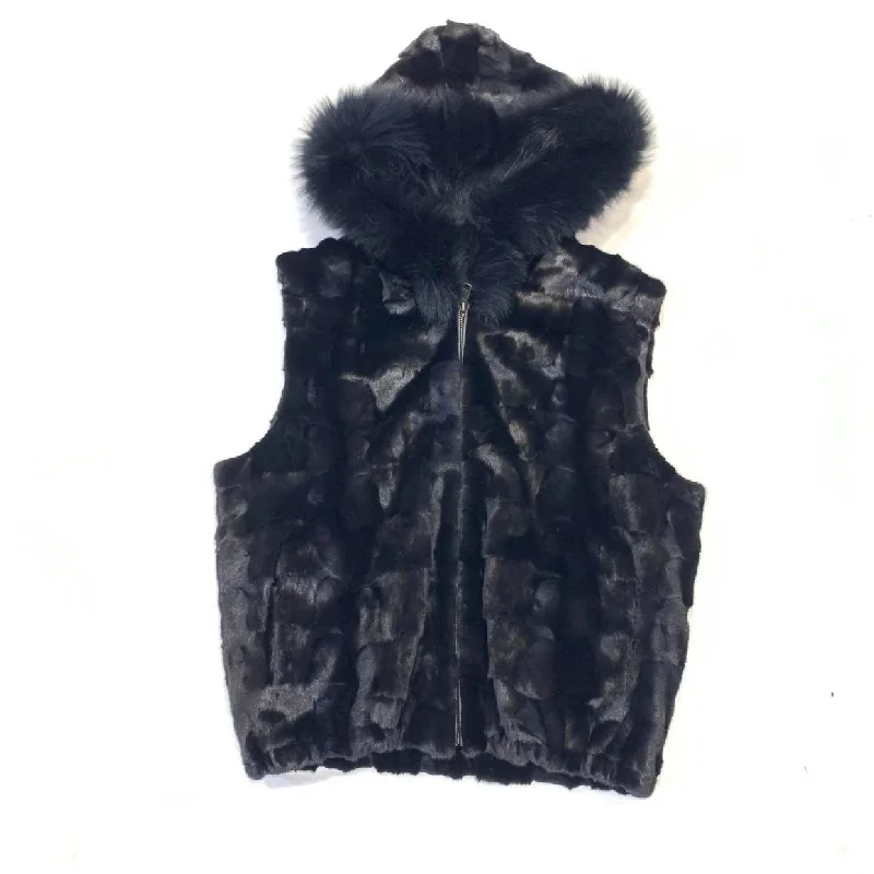 Kashani Black Mink Diamond Cut Fox Fur Hooded Vest Hoodie with Hem Contrast Bold Stylish Kashani Black Mink Diamond Cut Fox Fur Hooded Vest Hoodie with Hem Contrast Bold Stylish