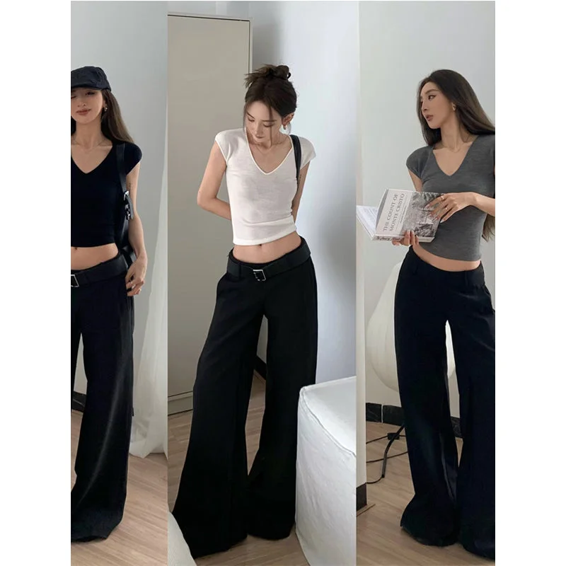Latoya Solid Color V-Neck Short Sleeve Slim Cropped Top + Low Waist Suit Straight Leg Pants Matching Set Classic Flared Pants Latoya Solid Color V-Neck Short Sleeve Slim Cropped Top + Low Waist Suit Straight Leg Pants Matching Set Classic Flared Pants