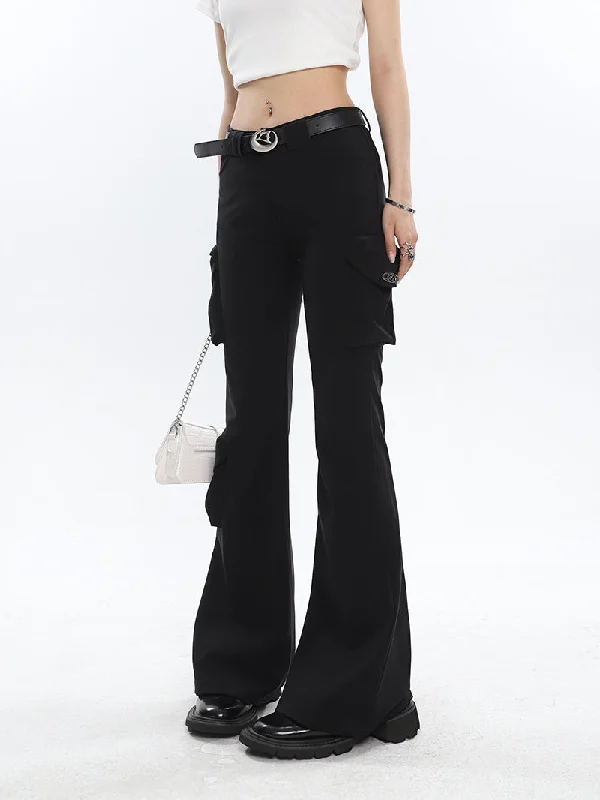 Lorielle Solid Color Black Slim Skinny Multi-Pocket Micro Flared Pants Cozy Jogger Leggings Lorielle Solid Color Black Slim Skinny Multi-Pocket Micro Flared Pants Cozy Jogger Leggings