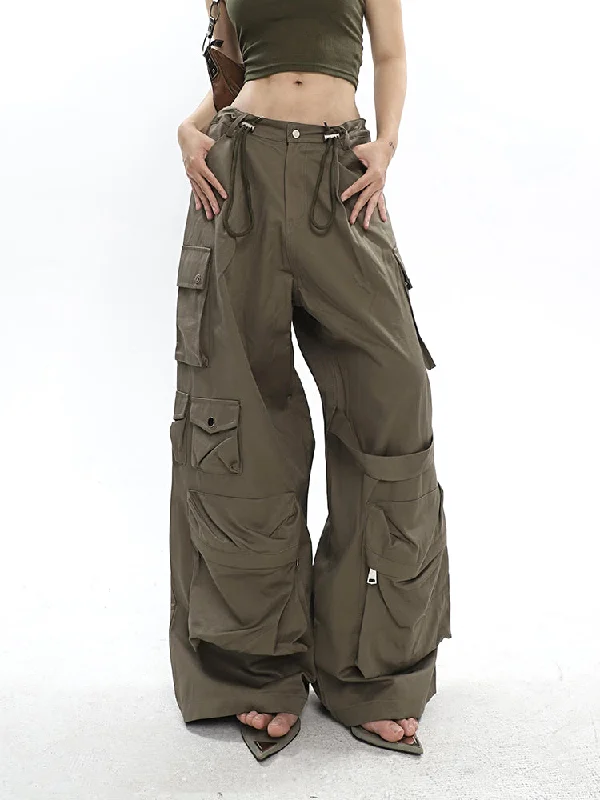 Nial Solid Color Army Green Multi Pocket Wide Leg Cargo Pants Lightweight Linen Pants