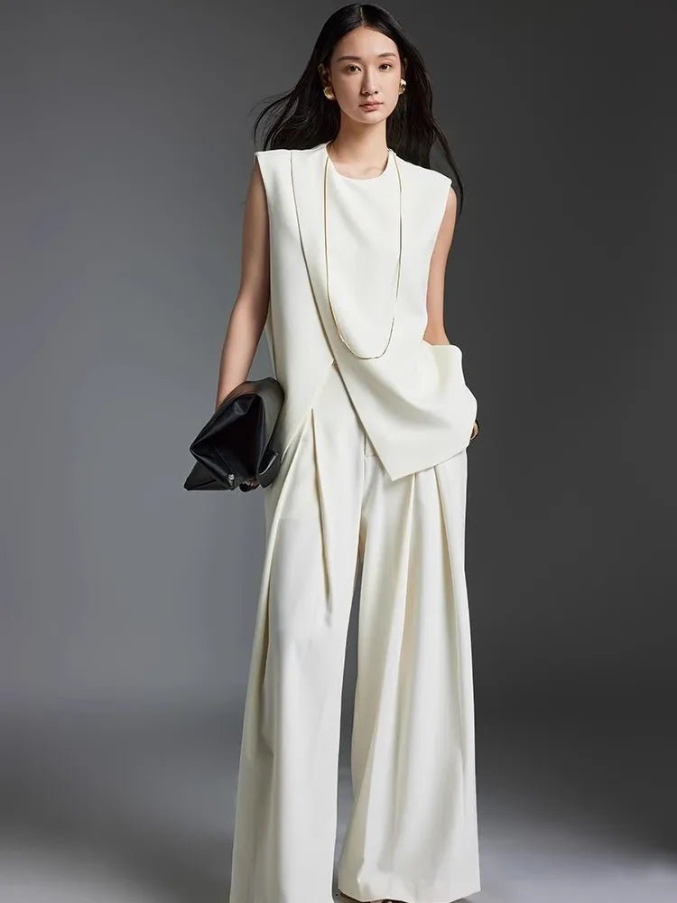 Off-white Suit Vest Wide Leg Pants Set for Women's Summer | Elegant Two-Piece Set Trendy Work Pants Off-white Suit Vest Wide Leg Pants Set for Women's Summer | Elegant Two-Piece Set Trendy Work Pants
