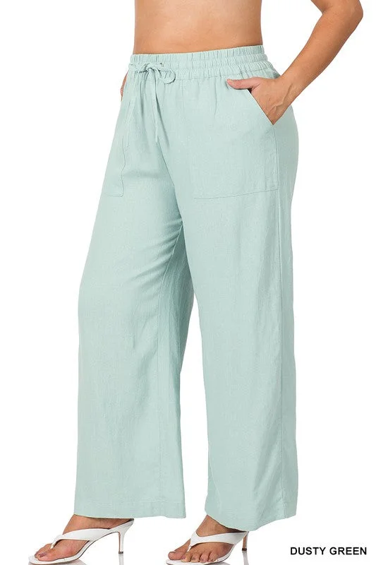 Plus Linen Drawstring-Waist Pants with Pockets Soft Cotton Pants