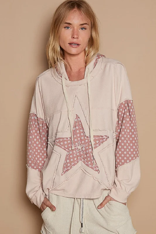 POL Star Patchwork Raw Edge French Terry Hoodie Hoodie with Emblem Brand Identity