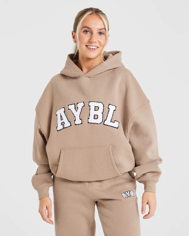 Varsity Oversized Hoodie - Latte Brown Hoodie with Ribbed Neckline Snug Warm