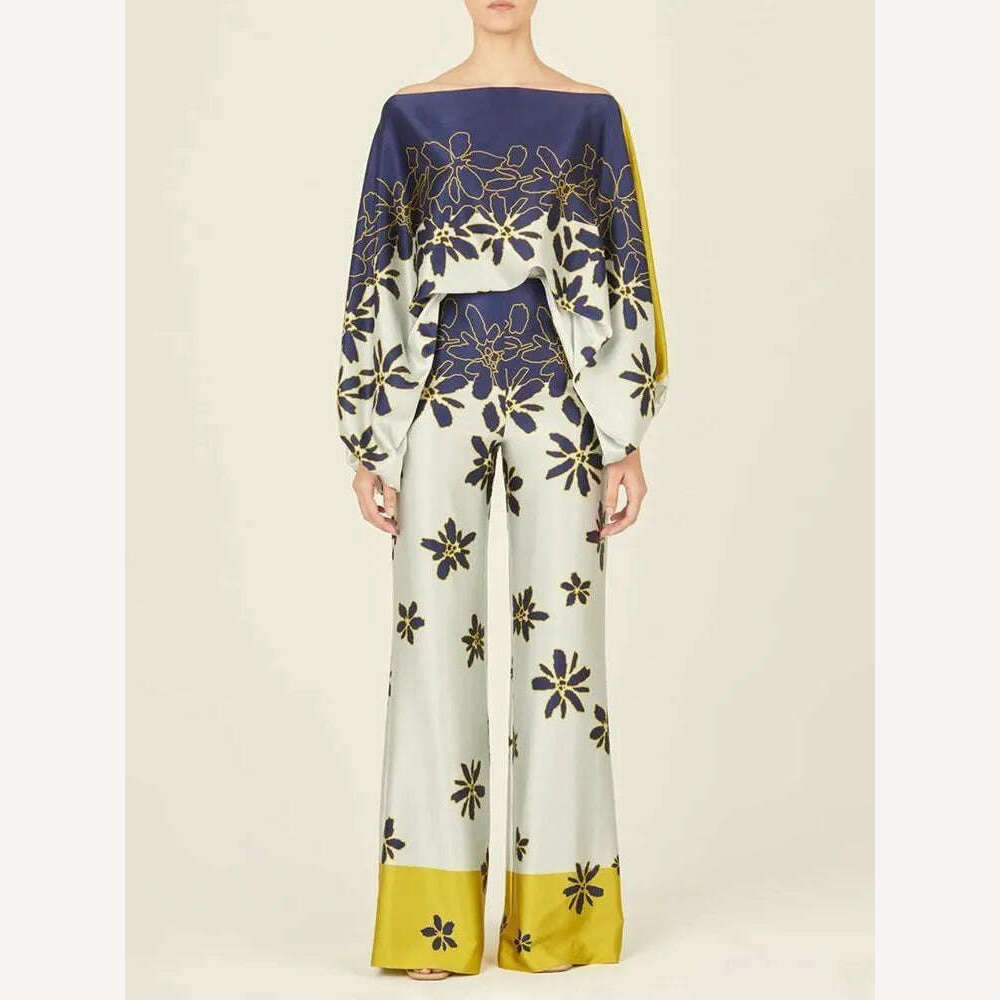 VGH Casual Hit Color Two Piece Set For Women Skew Collar Lantern Long Sleeve Tops High Waiat Wide Leg Pants Fashion Sets Female Chic Faux Leather Pants VGH Casual Hit Color Two Piece Set For Women Skew Collar Lantern Long Sleeve Tops High Waiat Wide Leg Pants Fashion Sets Female Chic Faux Leather Pants