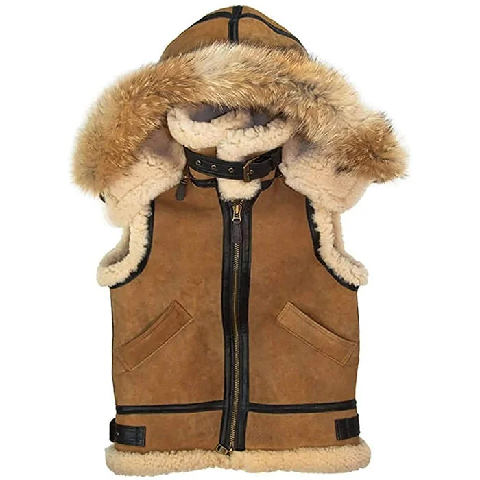 Women's Tan Hooded B-3 Suede Leather Shearling Vest Hoodie with Fur Luxurious Winter Women's Tan Hooded B-3 Suede Leather Shearling Vest Hoodie with Fur Luxurious Winter