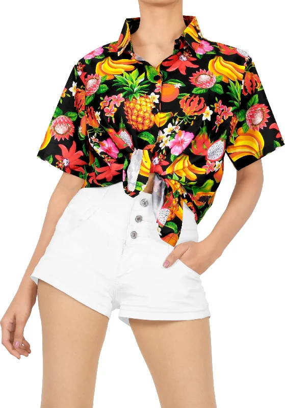 Black Allover Fruits and Flower Printed Casual Shirt For Women Striped Floral Plaid