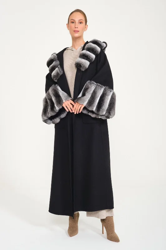 Black Hooded Wool Chinchilla Fur Abaya Hoodie with Logo Branding Identity