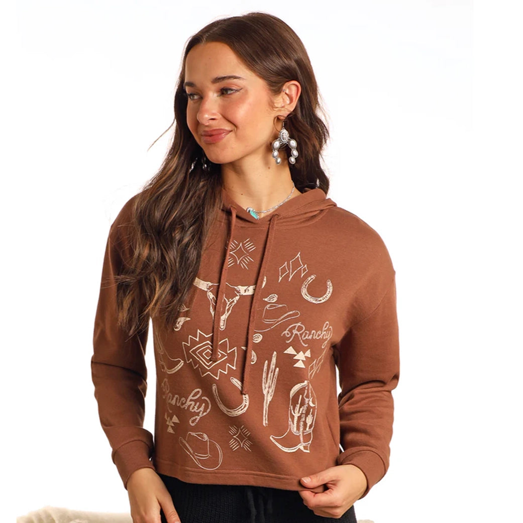 Rock & Roll Women's Range Western Graphic Cropped Hoodie Hoodie with Exposed Zipper Edgy Industrial