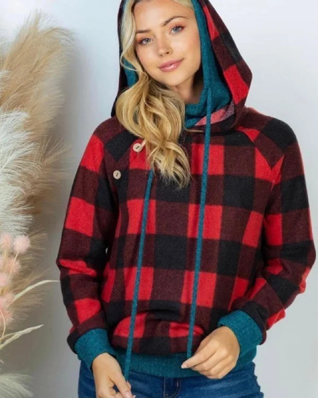 Buffalo Check Plaid Hoodie Hoodie with Sequins Glamorous Eye-catching