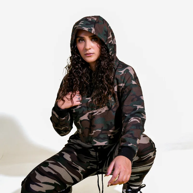 Long Sleeve Crop Top Hoodie - Camo Hoodie with Zipper Placket Modern Functional