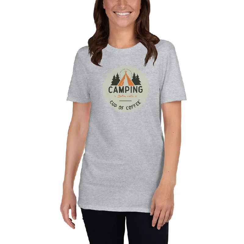 Camping is Better with a Cup of Coffee Women's Basic T-Shirt Mesh Canvas Denim