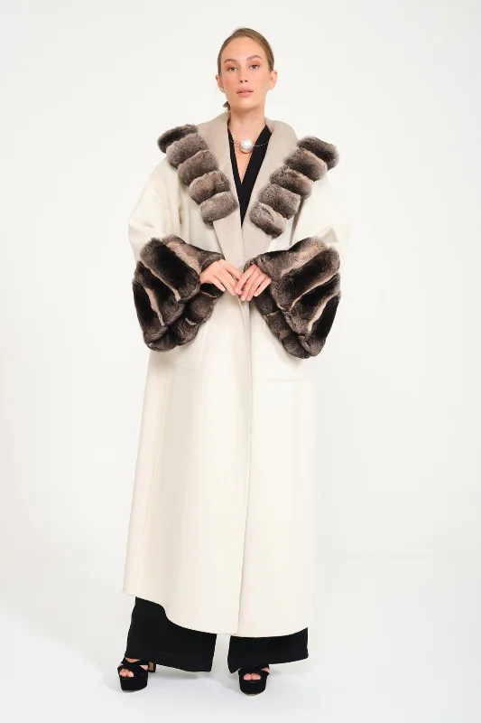 Casha / Milk Double Face Hooded Cashmere Chinchilla Fur Abaya Hoodie with Hem Drawcord Adjustable Customizable Casha / Milk Double Face Hooded Cashmere Chinchilla Fur Abaya Hoodie with Hem Drawcord Adjustable Customizable