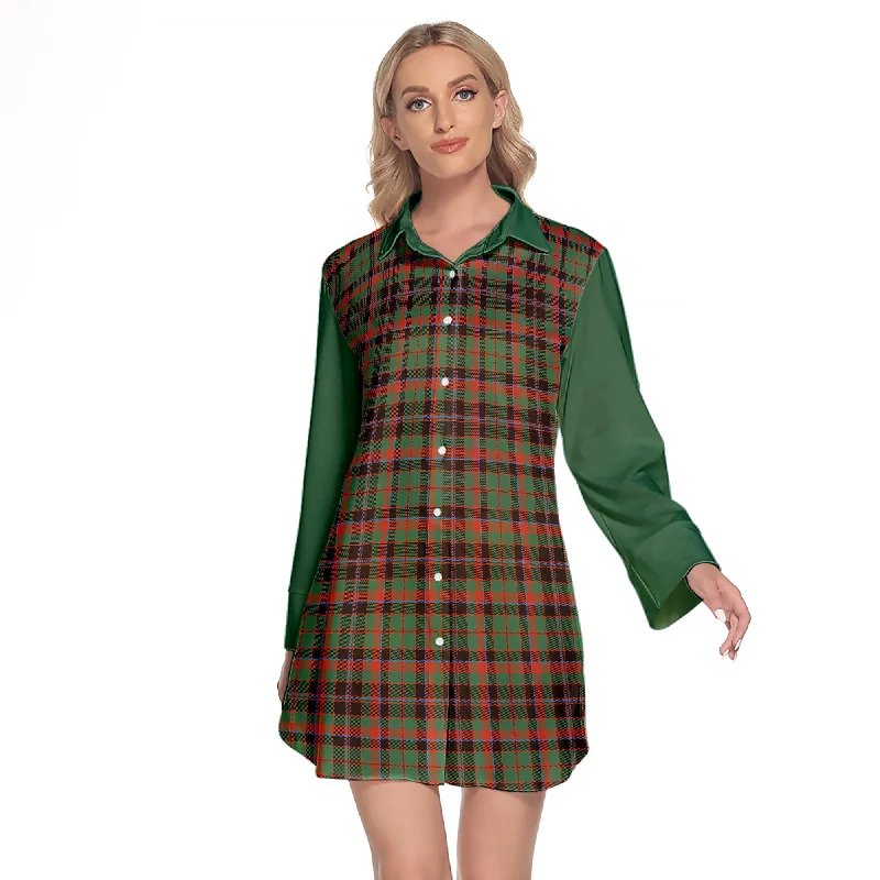 Cumming Hunting Ancient Tartan Women's Lapel Shirt Dress With Long Sleeve Print Jacquard Patchwork