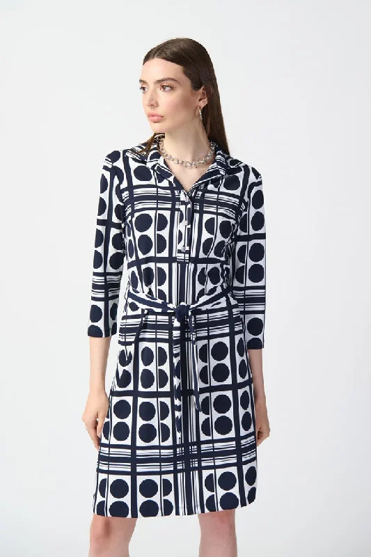 Dot Print Silky Knit Belted Shirt Dress Cashmere Blend Cotton Blend Poly Blend