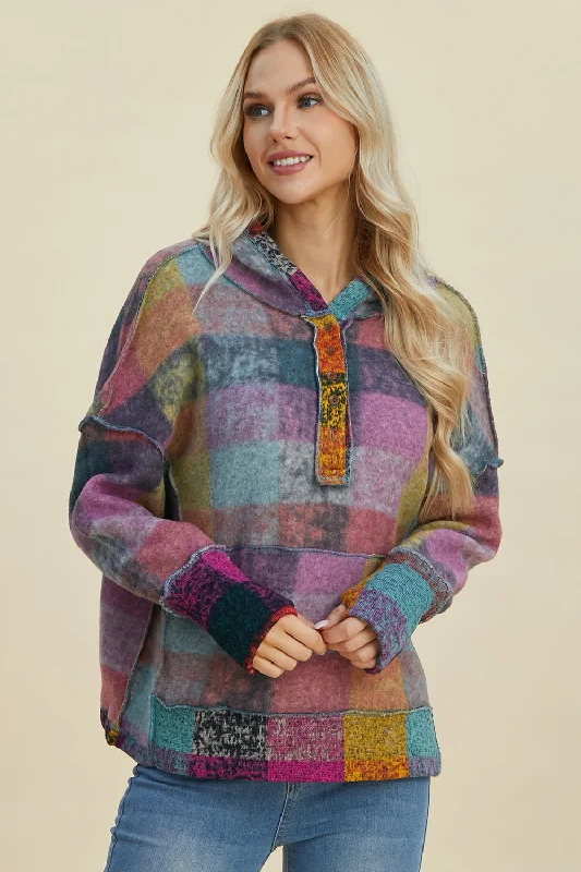 Double Take Full Size Plaid Dropped Shoulder Hoodie Hoodie with Cropped Fit Short Trendy Double Take Full Size Plaid Dropped Shoulder Hoodie Hoodie with Cropped Fit Short Trendy
