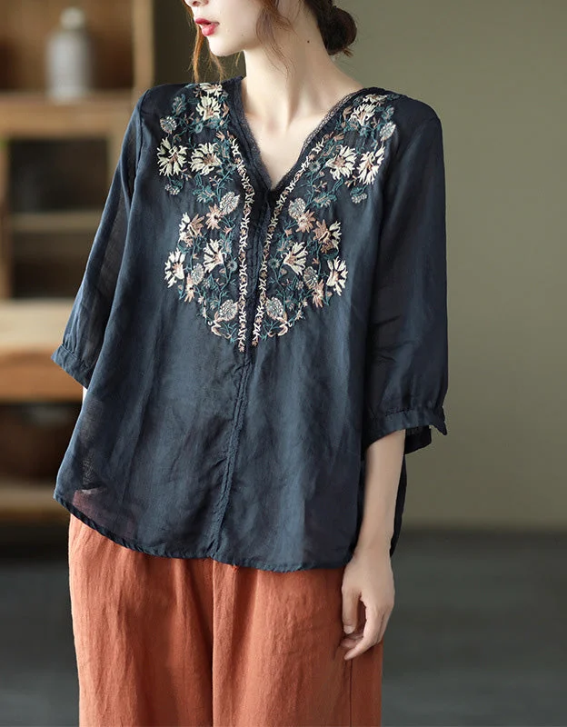 Embroidery V-neck Mid-sleeve Linen Shirt Collared Crew Neck Turtle Neck