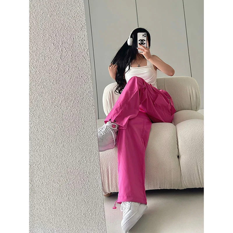 Felicia Solid Color High Waist Drawstring Multi-Pocket Straight Leg Baggy Cargo Pants Chic Faux Leather Pants Felicia Solid Color High Waist Drawstring Multi-Pocket Straight Leg Baggy Cargo Pants Chic Faux Leather Pants