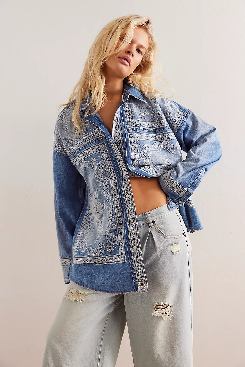 Free People We The Free Lace Embroidered Denim Shirt - MED RANCHER WASH Zippered Front Buttoned Front Snap Front