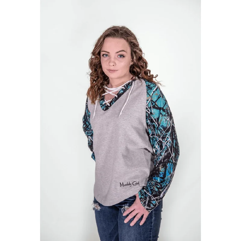 French Terry Hockey Girl Hoodie | Serenity Camo Hoodie with Lace Feminine Delicate