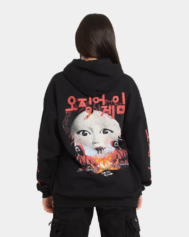 Goat Crew X Squid Game Doll Vintage Hoodie Black Hoodie with Belted Waist Structured Tailored Goat Crew X Squid Game Doll Vintage Hoodie Black Hoodie with Belted Waist Structured Tailored