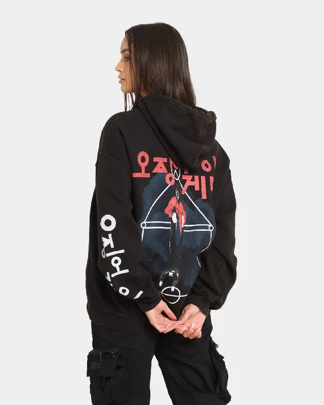 Goat Crew X Squid Game Members Vintage Hoodie Black Wash Hoodie with Frayed Bohemian Relaxed Goat Crew X Squid Game Members Vintage Hoodie Black Wash Hoodie with Frayed Bohemian Relaxed