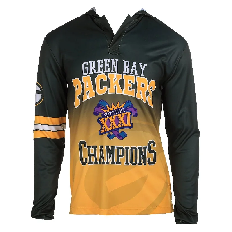 Green Bay Packers Super Bowl 31 Champions Men's Retro Hooded Tee Hoodie with Puffed Sleeves Voluminous Trendy Green Bay Packers Super Bowl 31 Champions Men's Retro Hooded Tee Hoodie with Puffed Sleeves Voluminous Trendy
