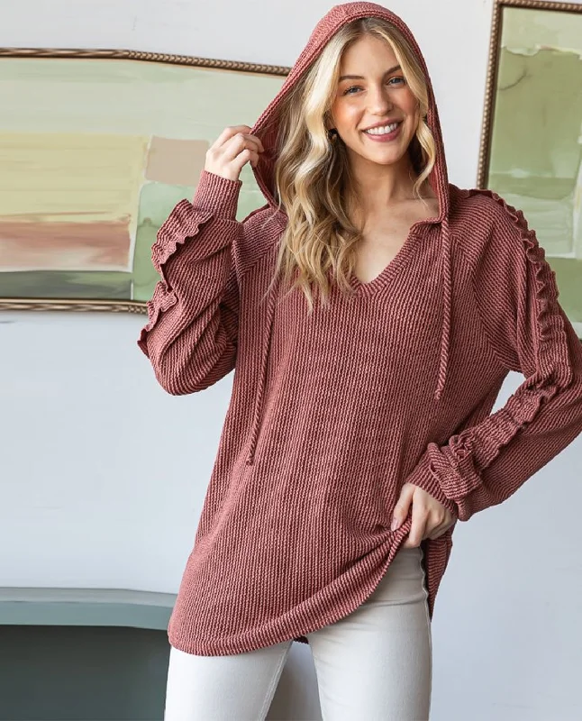 Plus V-Neck Hoodie Urban Ribbed Top with Ruffle Sleeves Hoodie with Back Slit Movement Comfort Plus V-Neck Hoodie Urban Ribbed Top with Ruffle Sleeves Hoodie with Back Slit Movement Comfort