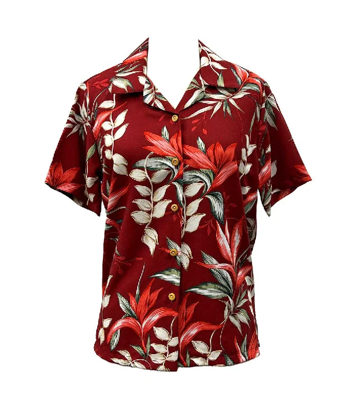 Heliconia Paradise Women's Hawaiian Camp Shirt Denim Fabric Leather Fabric Suede Fabric