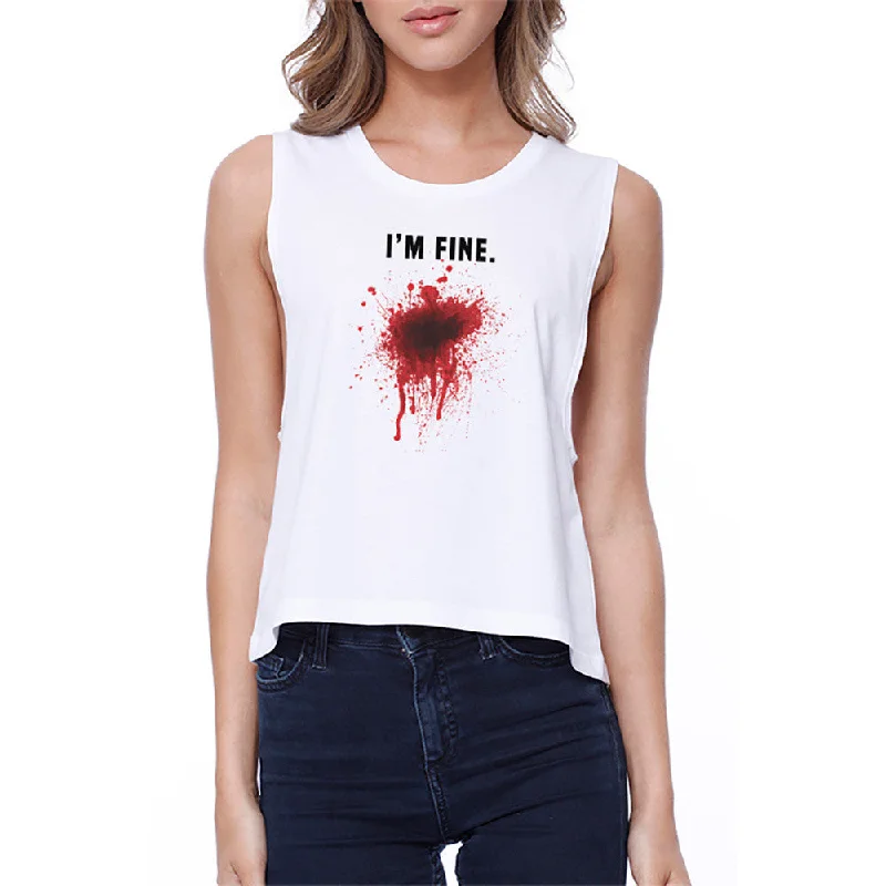 I'm Fine Blood Crop Tee Halloween Sleeveless Shirt Junior Tank Top Polka Dot Checkered Tartan