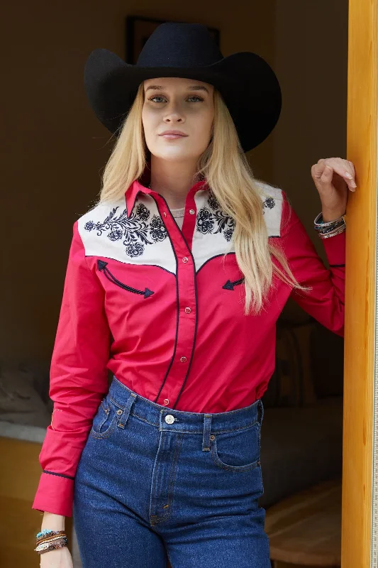 Ladies Cotton Red Embroidery Western Shirt With Suede Mesh Blend Leather Blend Suede Blend