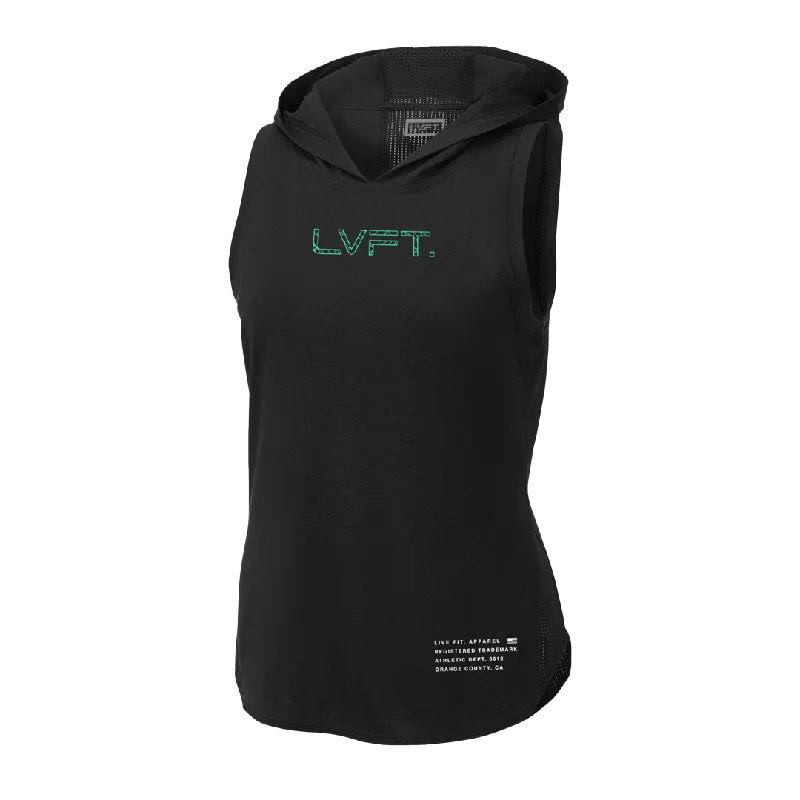 Ladies Vector Sleeveless Hoodie - Black / Teal Hoodie with Reflective Safety Nightwear Ladies Vector Sleeveless Hoodie - Black / Teal Hoodie with Reflective Safety Nightwear
