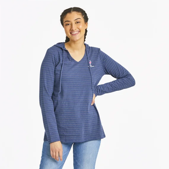 Life is Good. Women's Wine Glass Long Sleeve Striped Crusher-LITE Hooded Tee, Darkest Blue Hoodie with Embroidery Detailed Premium