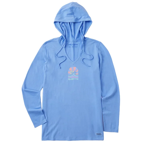 Life is Good. Women's Here Comes The Sunshine Arch Long Sleeve Crusher-LITE Hooded Tee, Cornflower Blue Hoodie with Gradient Ombre Colorful Life is Good. Women's Here Comes The Sunshine Arch Long Sleeve Crusher-LITE Hooded Tee, Cornflower Blue Hoodie with Gradient Ombre Colorful