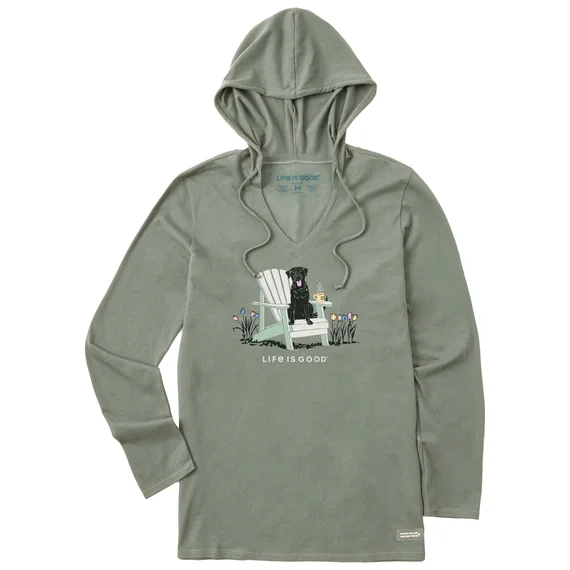 Life is Good. Women's Realisn't Black Lab Adirondack Long Sleeve Crusher-LITE Hooded Tee, Moss Green Hoodie with Earth Tones Natural Calm Life is Good. Women's Realisn't Black Lab Adirondack Long Sleeve Crusher-LITE Hooded Tee, Moss Green Hoodie with Earth Tones Natural Calm
