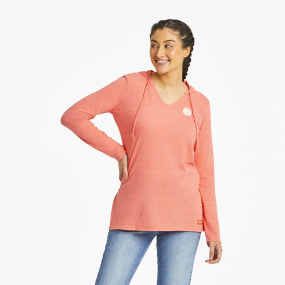 Life is Good. Women's Woodcut Sand Dollar Long Sleeve Striped Crusher-LITE Hooded Tee Hoodie with Thumb Holes Functional Cozy Life is Good. Women's Woodcut Sand Dollar Long Sleeve Striped Crusher-LITE Hooded Tee Hoodie with Thumb Holes Functional Cozy