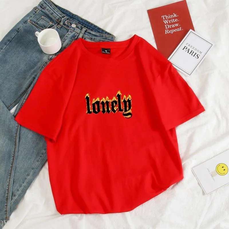 Lonely Flame Tee V-Neck T-Shirt Long Sleeve Cotton