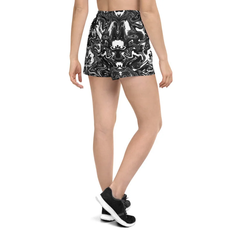 Marbled Women's Shorts, Black Marbled Print Ladies Athletic Short Running Pants-Made in EU Modern Stretch Trousers Marbled Women's Shorts, Black Marbled Print Ladies Athletic Short Running Pants-Made in EU Modern Stretch Trousers