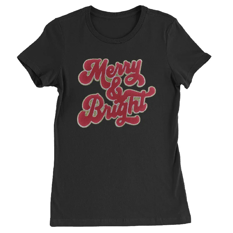 Merry & Bright Chenille Glitter  Womens T-shirt Embroidered Appliqued Beaded