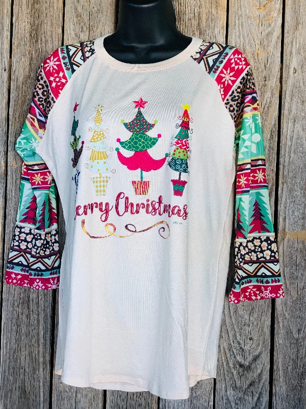 Merry Christmas Musical Christmas Trees Raglan T-Shirt Plaid T-Shirt Polka Dot Checkered