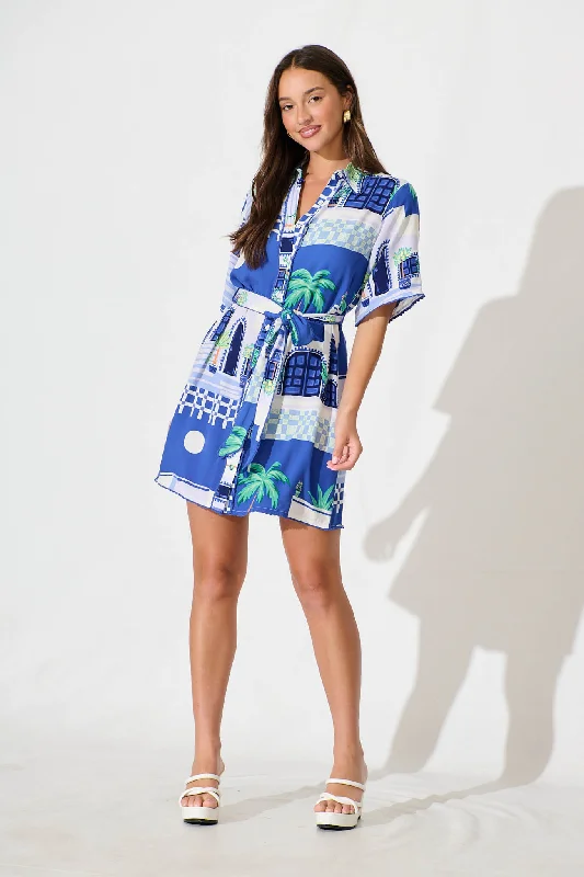 Miela Shirt Dress in Blue with White Print Anti-Shrink Durable Soft