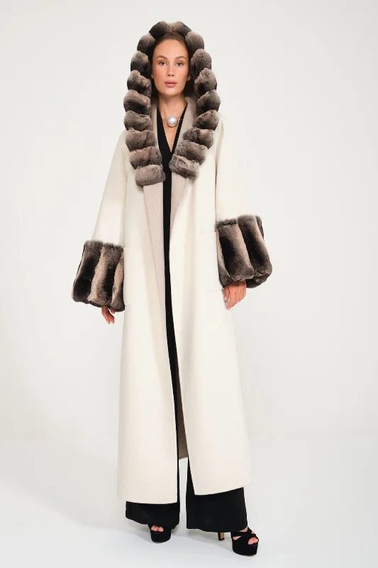 Milk / Casha Double Face Hooded Cashmere Chinchilla Fur Abaya Hoodie with Patch Decorative Personalized