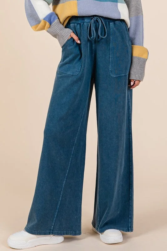 Mittoshop Mineral Wash French Terry Drawstring Wide Leg Pants Slim Fit Casual Pants